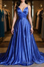 A Line V Neck Blue Long Formal Prom Dresses, V Neck Blue Formal Graduation Evening Dresses