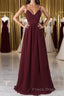 A Line V Neck Burgundy Chiffon Long Formal Prom Dresses with Lace Back, V Neck Lace Back Burgundy Formal Graduation Evening Dresses