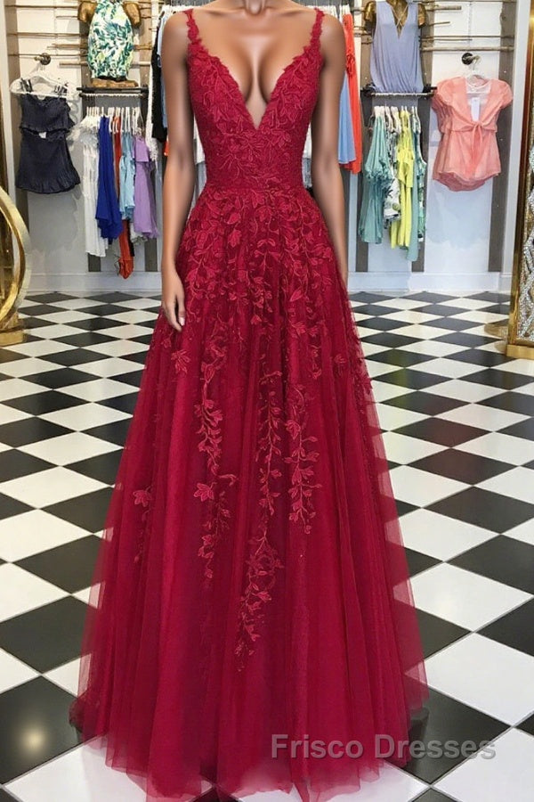 A Line V Neck Burgundy Lace Formal Prom Dresses, Wine Burgundy Lace Fo – Frisco Dresses