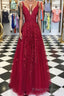A Line V Neck Burgundy Lace Formal Prom Dresses, Wine Burgundy Lace Formal Evening Dresses