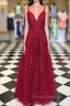 A Line V Neck Burgundy Lace Formal Prom Dress, Wine Red Lace Formal Evening Dress