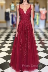 A Line V Neck Burgundy Lace Formal Prom Dress, Wine Red Lace Formal Evening Dress