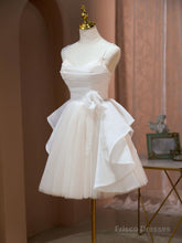 A Line V Neck Champagne Short Prom Dresses, Formal Mini Gown Cute Puffy Homecoming Dresses