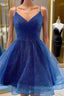 A Line V Neck Dark Blue Short Formal Prom Dress, Short Blue Graduation Homecoming Cocktail Dress