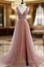 A Line V Neck Dark Pink Beaded Long Formal Prom Dress, V Neck Pink Long Formal Graduation Dress