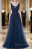 A-Line V-Neck Floor Length Navy Blue Formal Prom Dress With Appliques
