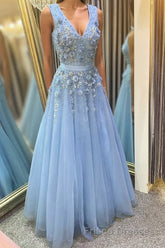 A Line V Neck Floral Light Blue Lace Long Formal Prom Dresses, Light Blue Lace Formal Graduation Evening Dresses