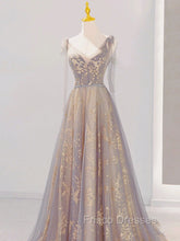 A-Line V Neck Gray Long Formal Prom Dress, Tulle Sequin Lace Long Forma Dress