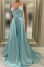 A Line V Neck Green Satin Long Formal Prom Dress, Green V Neck Long Formal Evening Dress
