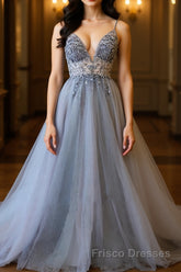 A Line V Neck Grey Beaded Long Formal Prom Dresses with Split, Grey Beaded Formal Graduation Evening Dresses
