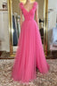 A Line V Neck Hot Pink Tulle Long Formal Prom Dresses with Slit, Hot Pink Formal Graduation Evening Dresses