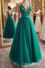 A Line V Neck Open Back Green Floral Long Formal Prom Dresses, Open Back Green Formal Evening Dresses