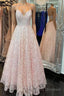 A Line V Neck Open Back Pink Lace Long Formal Prom Dresses, Pink Lace Formal Graduation Evening Dresses