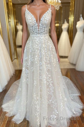 A Line V Neck Open Back White Lace Long Formal Prom Dresses, V Neck White Lace Formal Dresses, White Lace Evening Dresses