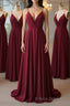 A Line V Neck Pleated Burgundy Long Formal Prom Dresses, V Neck Burgundy Long Evening Dresses, Burgundy Graduation Dresses, Formal Dresses