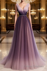A Line V Neck Purple Ombre Formal Prom Dresses, V Neck Purple Ombre Formal Evening Bridesmaid Dresses