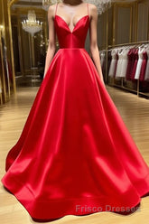 A Line V Neck Red Backless Formal Prom Dresses, Red Backless Long Formal Evening Graduation Dresses