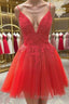 A Line V Neck Red Lace Short Formal Prom Dresses, Red Lace Homecoming Dresses