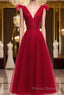A Line V Neck Red Tea Length Formal Prom Dresses with Corset Back, Red Tea Length Formal Graduation Dresses
