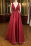 A-line V Neck Regular Straps Long/Floor-Length Satin Formal Prom Dress With Appliqued Beading