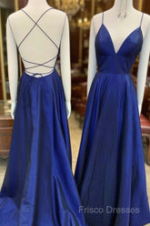 A Line V Neck Royal Blue Backless Formal Prom Dress, Royal Blue Backless Formal Bridesmaid Dress