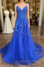 A Line V Neck Royal Blue Lace Formal Prom Dress, Royal Blue Lace Formal Evening Dress