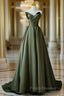 A-Line V Neck Satin Green Long Formal Prom Dress, Green Long Evening Dress