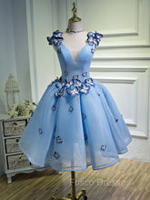 A Line V Neck Short Blue Formal Prom Dress with Butterfly, Short Blue Formal Homecoming Dress