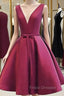 A Line V Neck Short Burgundy Formal Prom Dress, Short V Neck Wine Red Graduation Homecoming Dress