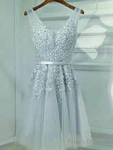 A Line V Neck Short Gray Lace Prom Dresses, Short Gray Lace Formal Homecoming Dresses