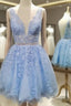 A-line V Neck Short/Mini Lace Homecoming Dress With Appliqued Beading