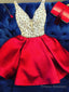 A Line V Neck Short Red Beaded Prom Dresses, Short Red V Neck Formal Homecoming Dresses