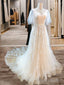 A-Line V-Neck Short Sleeves Appliques Lace Sweep Train Tulle Wedding Dress