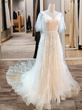 A-Line V-Neck Short Sleeves Appliques Lace Sweep Train Tulle Wedding Dress