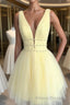 A Line V Neck Short Yellow Formal Prom Dresses, Short V Neck Yellow Formal Homecoming Dresses