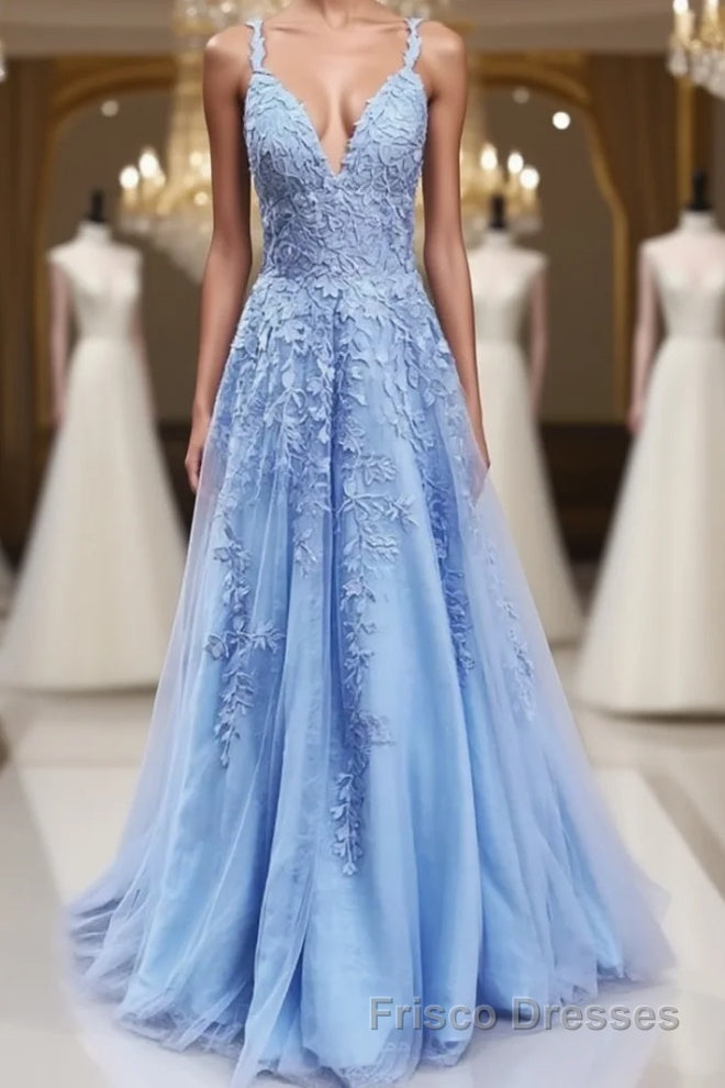 A Line V Neck Sky Blue Lace Formal Prom Dresses, Light Blue Lace Forma Frisco Dresses A Line V Neck Sky Blue Lace Formal Prom Dresses, Light Blue Lace Forma Frisco Dresses