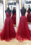 A-line V Neck Sleeveless Chapel Train Tulle Prom Dresses With Appliqued Lace