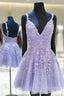 A-line V Neck Sleeveless Lace Tulle Short/Mini Homecoming Dress With Appliqued Beading