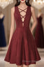 A-Line V-Neck Sleeveless Lace-Up Short Burgundy Satin Homecoming Dress