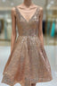 A-line V Neck Sleeveless Sequined Knee-Length Homecoming Dress