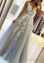 A-line V Neck Sleeveless Sweep Train Tulle Prom Dresses With Beading Lace
