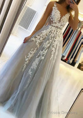 A-line V Neck Sleeveless Sweep Train Tulle Prom Dresses With Beading Lace