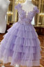 A-line V Neck Sleeveless Tulle Short/Mini Homecoming Dress With Appliqued