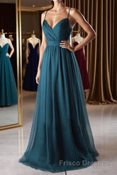 A Line V Neck Spaghetti Strap Peacock Blue Chiffon Long Formal Prom Dresses, V Neck Peacock Blue Formal Dresses Graudation Evening Dresses, Peacock Blue Bridesmaid Dresses