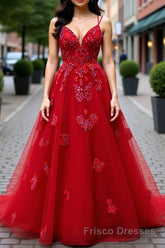 A-line V Neck Spaghetti Straps Long/Floor-Length Tulle Formal Prom Dresses With Appliqued Beading