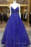 A-line V Neck Spaghetti Straps Long/Floor-Length Tulle Formal Prom Dress With Appliqued Beading Glitter