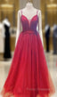 A-line V Neck Spaghetti Straps Long/Floor-Length Tulle Formal Prom Dress With Appliqued Beading Pleated Glitter