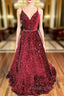 A-line V Neck Spaghetti Straps Long/Floor-Length Velvet Sequins Formal Prom Dress With Beading