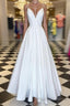A Line V Neck Spaghetti Straps White Formal Prom Dresses, V Neck White Formal Graduation Evening Dresses