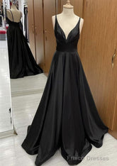 A-line V Neck Sweep Train Satin Prom Dresses With Pleated